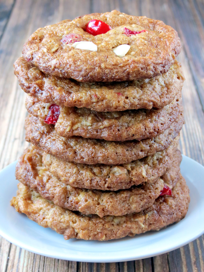 White Chocolate Oatmeal Cookies With Cherries stacked on each other