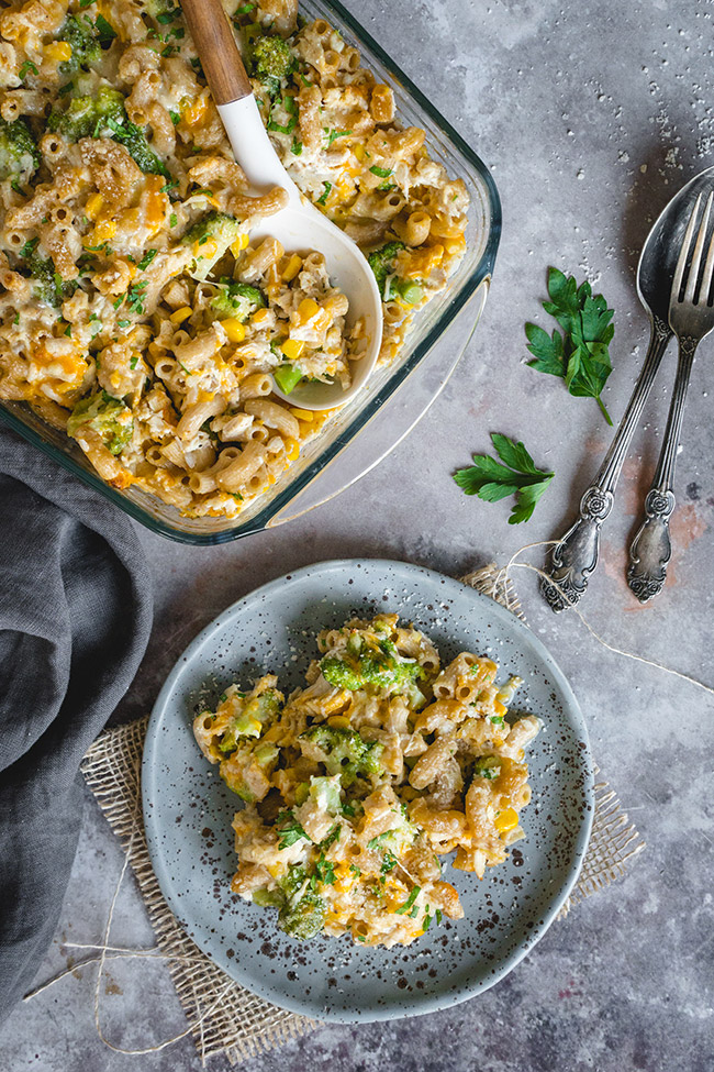 Dish and plate of chicken broccoli noodle casserole