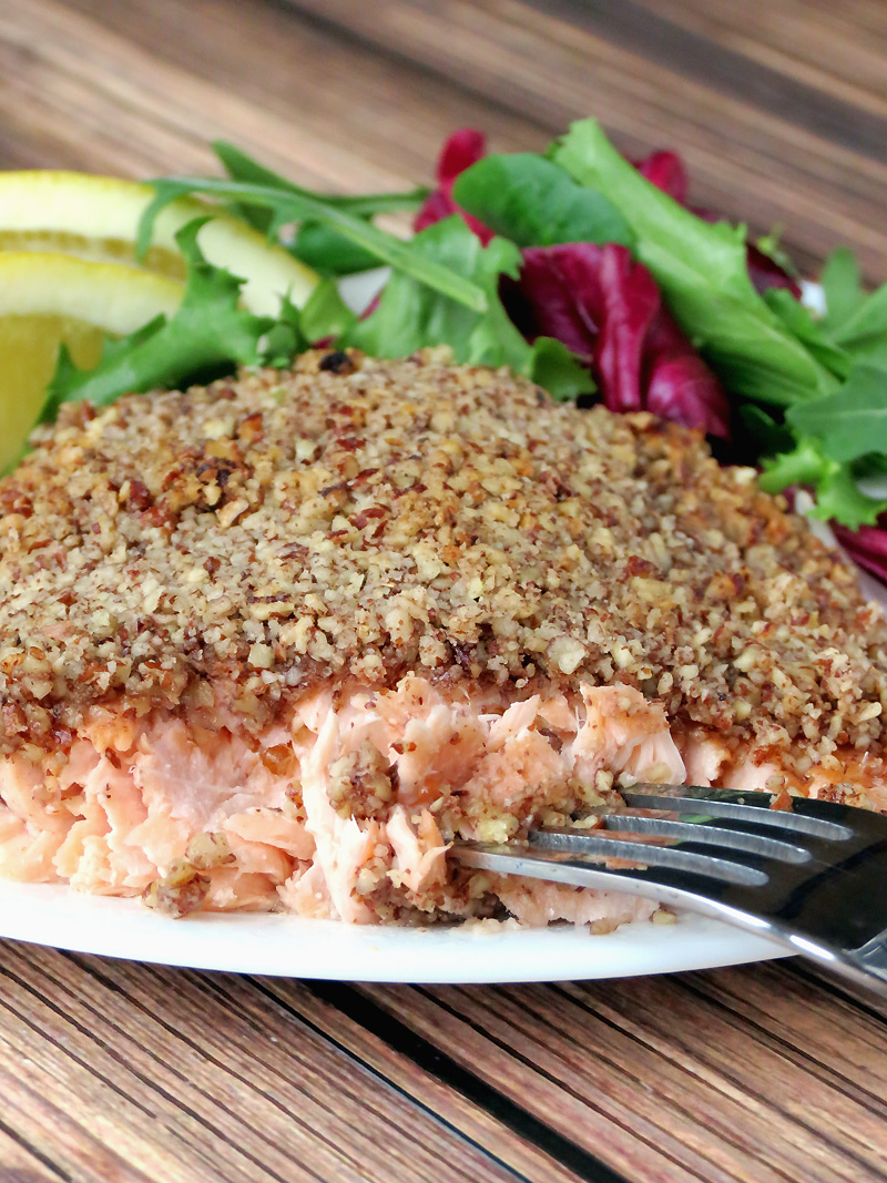Pecan Crusted Bourbon Salmon in a plate