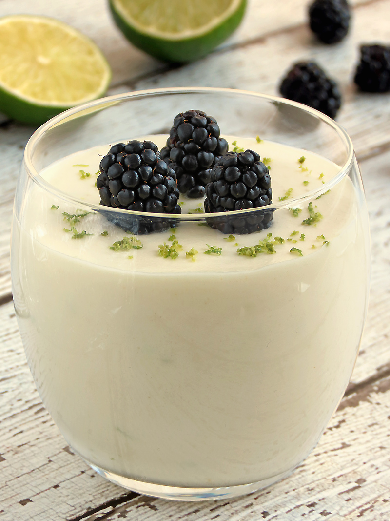 Lime White Chocolate Mousse topped with fresh blackberries