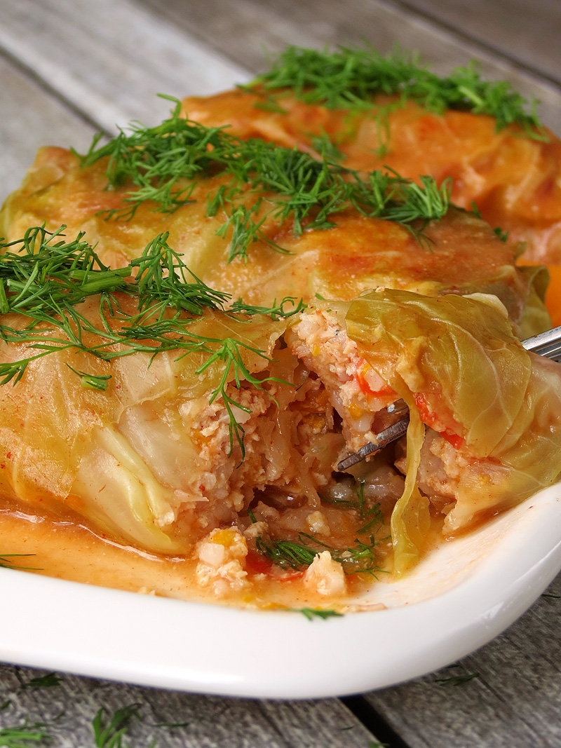 Stuffed Cabbage Rolls garnished with fresh dill