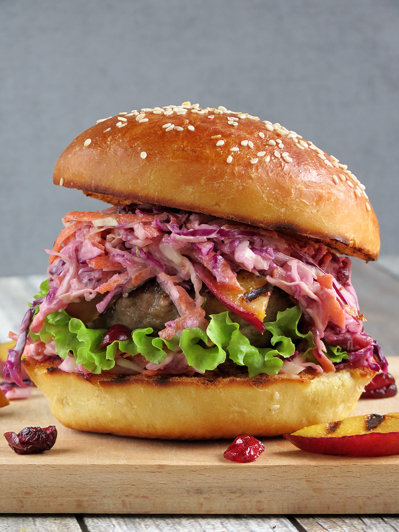 Turkey Burger With Cranberry Coleslaw And Grilled Nectarines | YummyAddiction.com