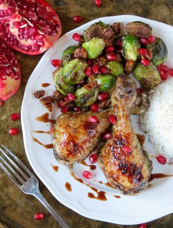 Pomegranate Glazed Chicken Drumsticks And Brussels Sprouts