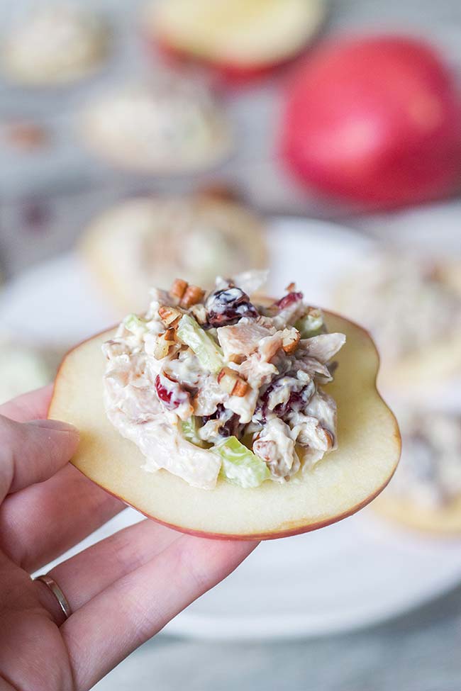 If you are looking for a perfect appetizer, this Cranberry Chicken Salad on crunchy and fresh apple slices is exactly what you need! | yummyaddiction.com