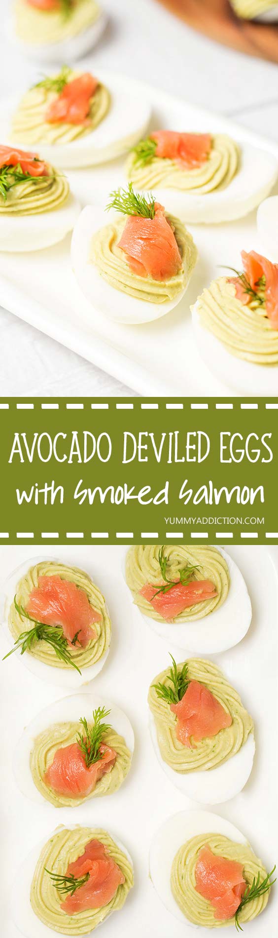 These Avocado Deviled Eggs are topped with smoked salmon and garnished with dill! | yummyaddiction.com