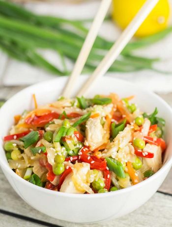 This colorful Chicken Cabbage stir fry is super easy to make and is so GOOD! Features carrot, shallot and peas!