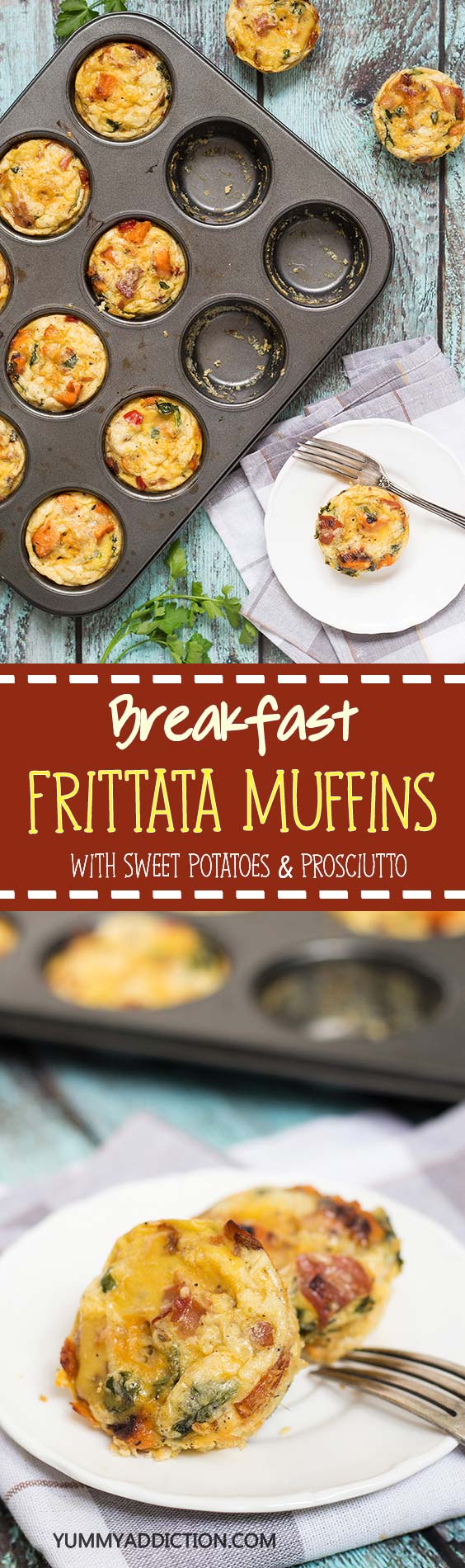 These individual sized frittata muffins are filled with sweet potatoes, spinach and prosciutto. Perfect for breakfast! | yummyaddiction.com