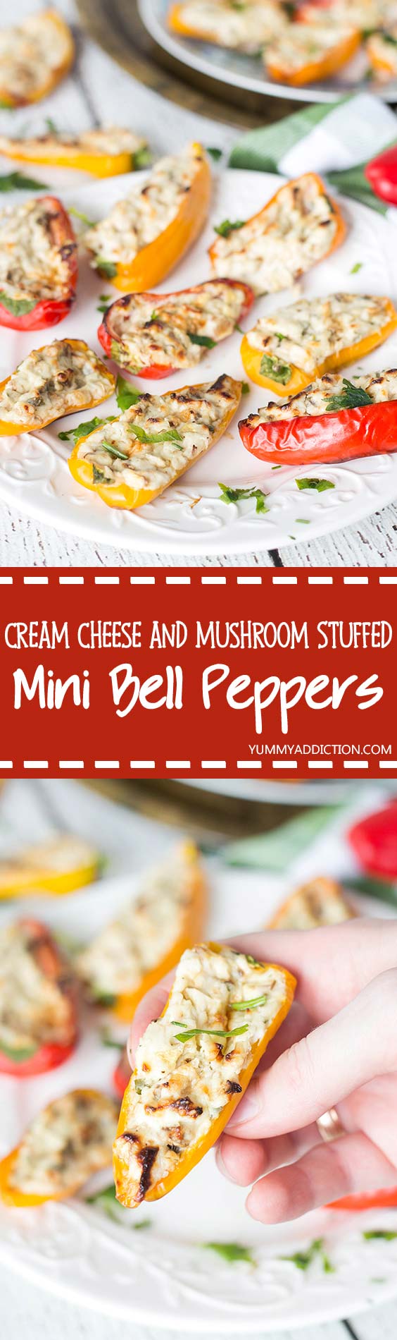 These delicious and colorful Mini Cream Cheese Stuffed Peppers are also packed with mushrooms, walnuts and other goodies. The perfect appetizer! | yummyaddiction.com