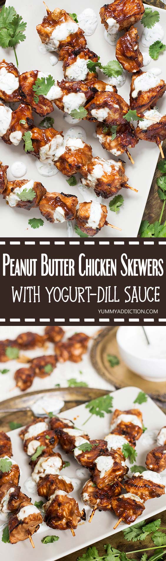 Peanut Butter Chicken is a perfect choice when you need some variety. Weaved onto skewers and served alongside a yogurt-dill sauce, it makes for a fantastic dinner! | yummyaddiction.com