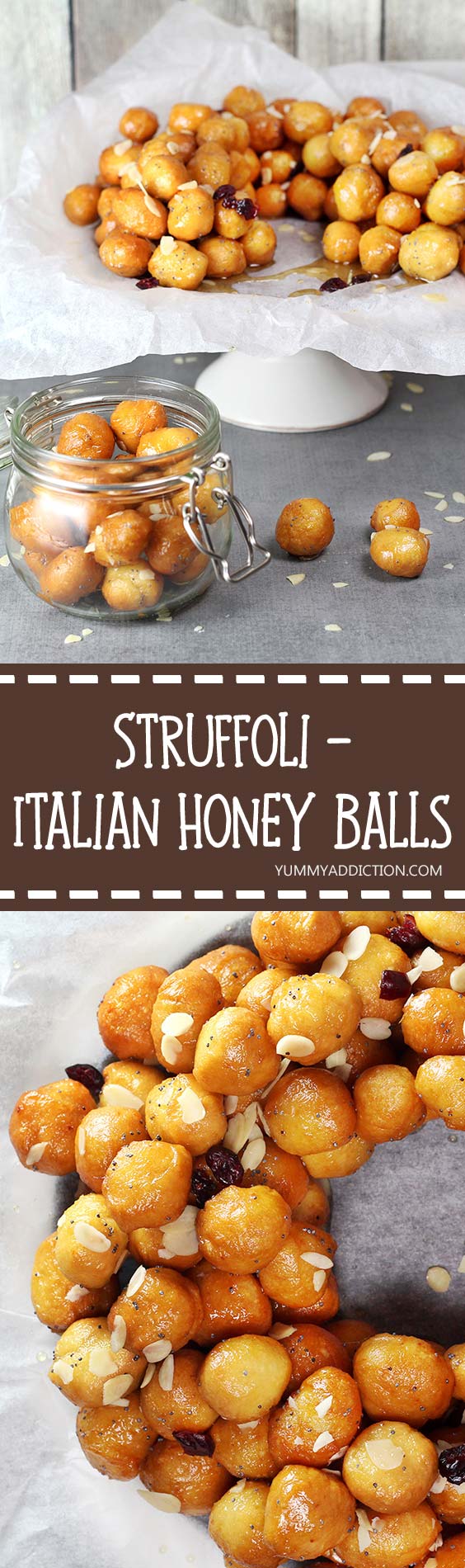 These Italian Honey Balls (Struffoli) are usually served on Christmas and other holidays. They are crunchy on the outside, soft and warm inside. Perfection! | yummyaddiction.com