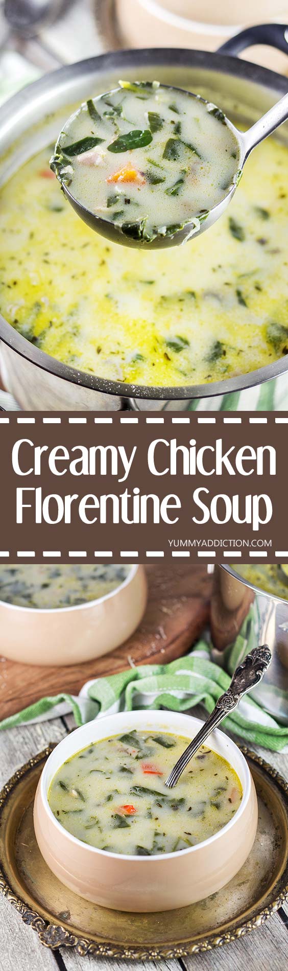 This Chicken Florentine Soup is perfect for chilly fall and winter days. Creamy, cheesy, and comforting, it is guaranteed to warm you up from the inside! | yummyaddiction.com