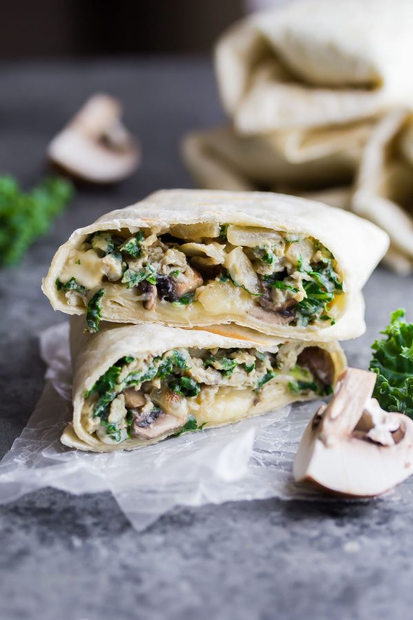 Healthy Breakfast Burritos with Kale, Mushrooms and Feta