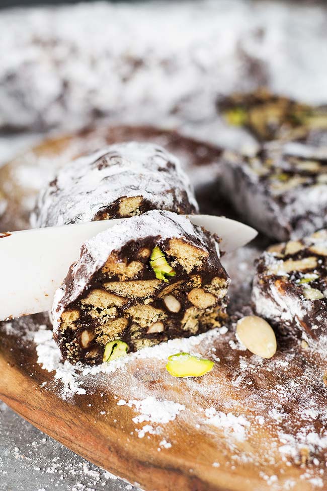 Crunchy, sweet, and chocolatey, this Chocolate Salami is no-bake and really easy to make. Packed with cookies and nuts, it's guaranteed to become your favorite! | yummyaddiction.com