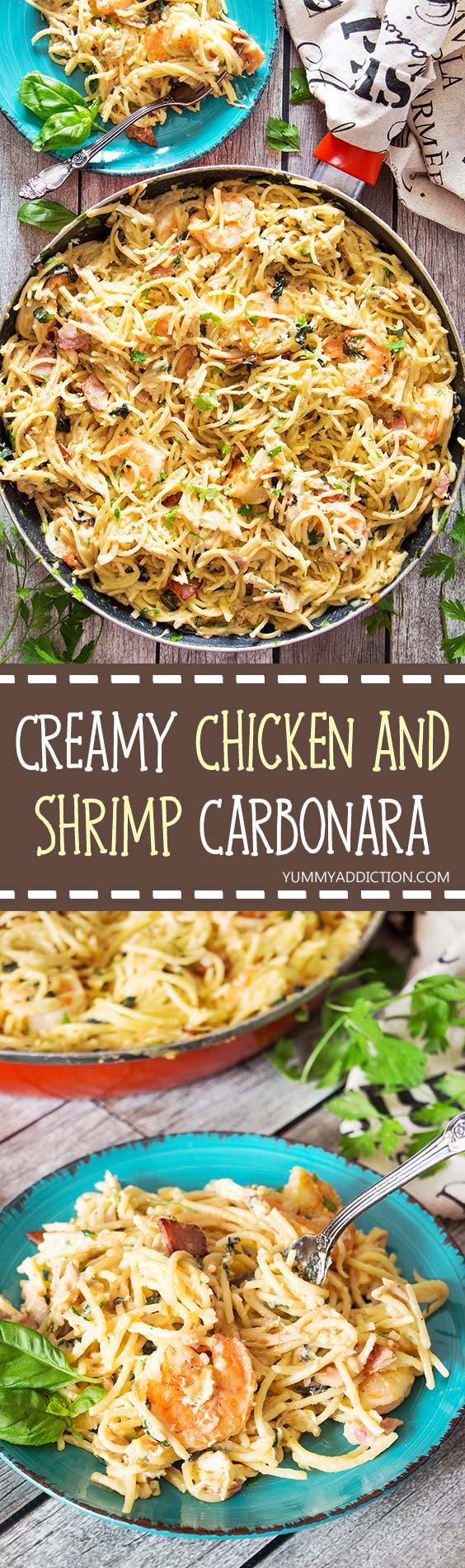 This Chicken and Shrimp Carbonara is an example of a perfect pasta dish. Creamy, rich, comforting, and super delicious, it is guaranteed to become a hit in your house! | yummyaddiction.com