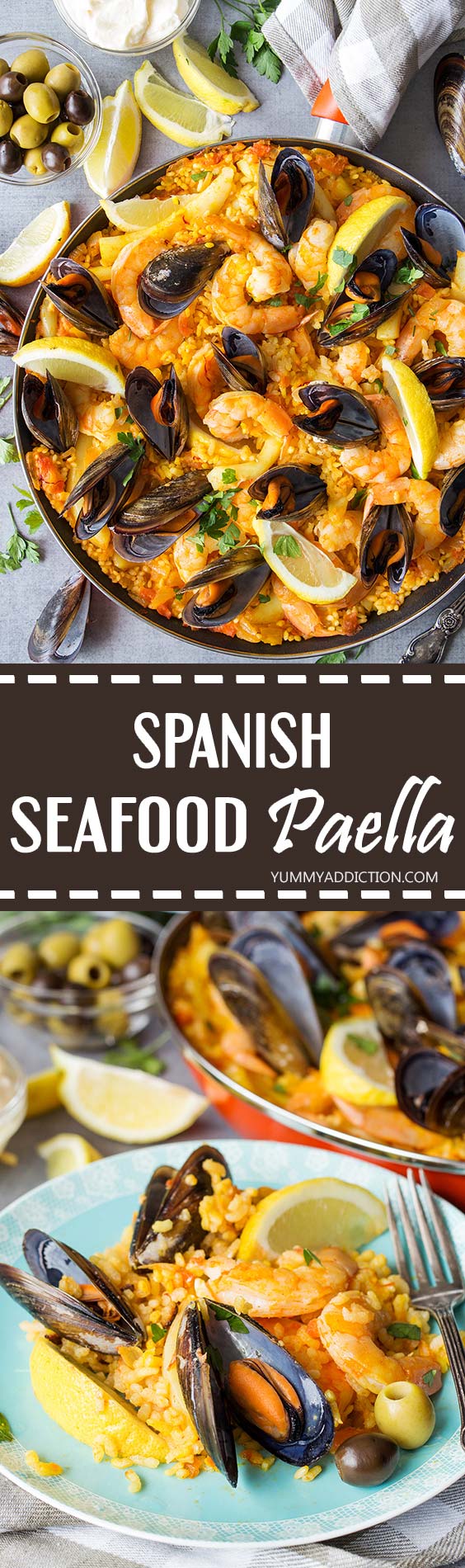 This Spanish Seafood Paella features a crusty saffron and veggie infused layer of rice topped with squid, mussels, and shrimp. The best seafood dish ever! | yummyaddiction.com