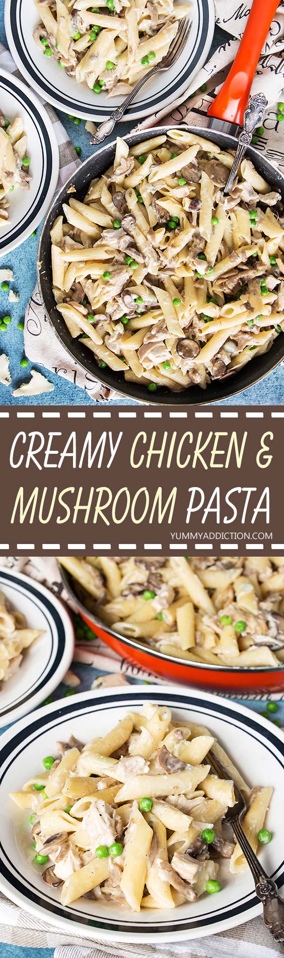 This Creamy Chicken and Mushroom Pasta is tossed in a heavenly blue cheese sauce to create a comforting, hearty, and full of flavor family meal! | yummyaddiction.com
