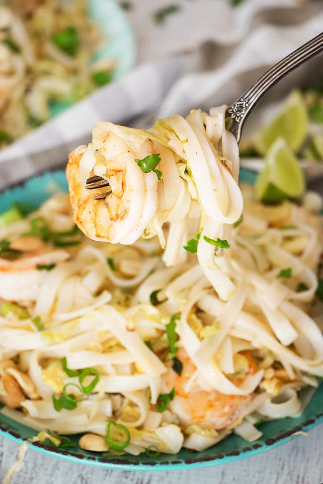 This One Pot Pad Thai is way better than any takeout you will ever have! Packed with veggies, peanuts, and flavored with a fantastic sauce, it makes a perfect weeknight dinner! | yummyaddiction.com