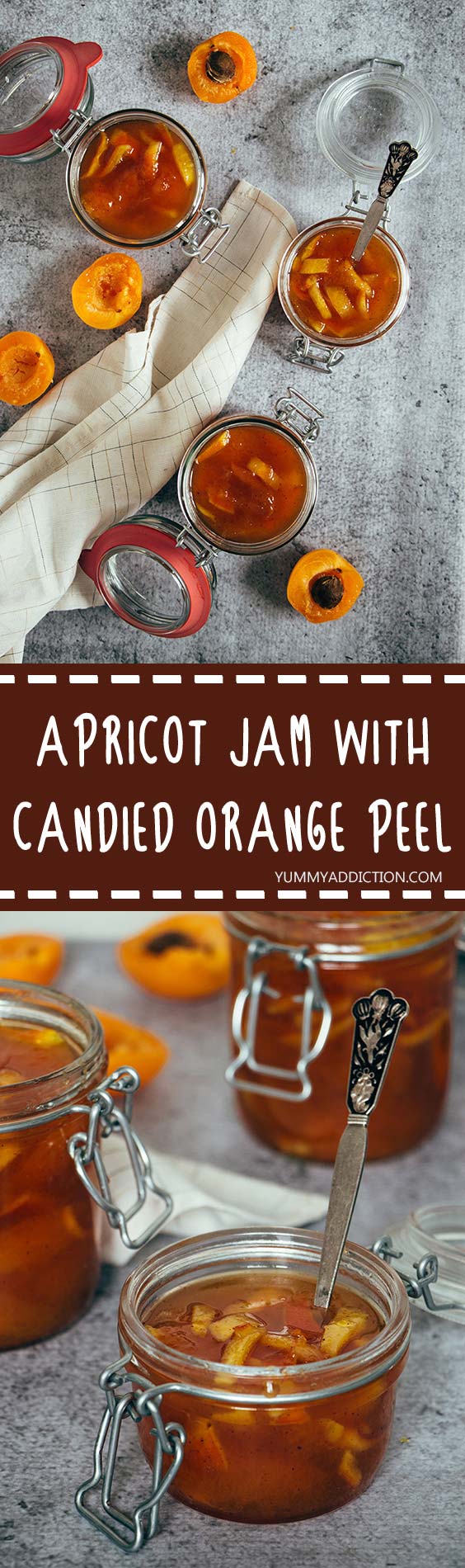 This homemade Apricot Jam is infused with cinnamon and also features candied orange peel! Great on toasts, with cheese, or anywhere you can think of! | yummyaddiction.com