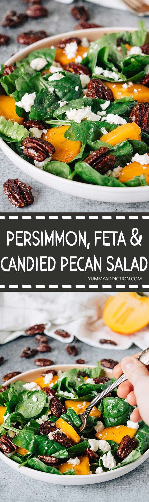 This colorful persimmon feta salad features honey glazed pecans and a gorgeous lemon-y dressing! | yummyaddiction.com 