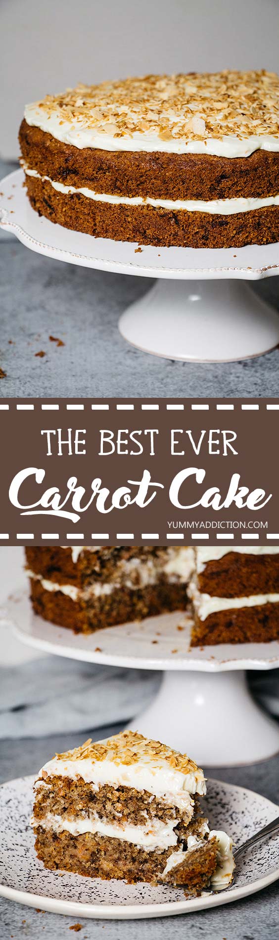 The best carrot cake recipe right here. Featuring fantastic cream cheese and mascarpone frosting, this cake is great for any occasion! | yummyaddiction.com