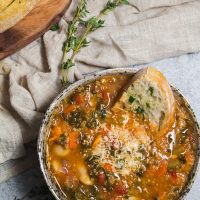 Winter Minestrone soup served with garlic bread