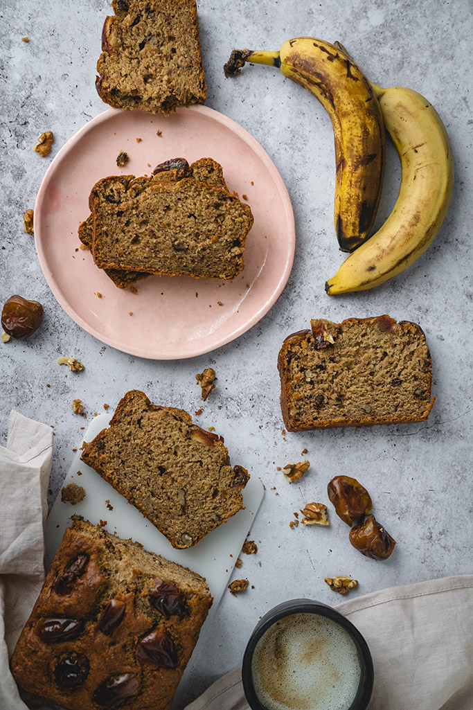 Healthy banana date bread sliced on the table
