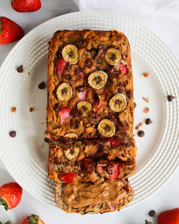 Strawberry banana bread slathered with peanut butter