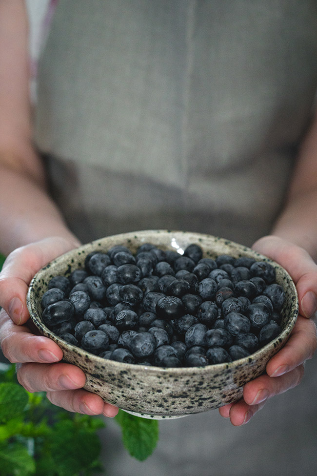 Silver bowl of blueberries held in two hands
