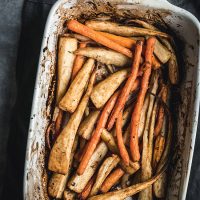 Baking tray of carrots and parsnips