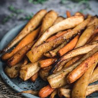 Plate of honey roasted parsnips and carrots