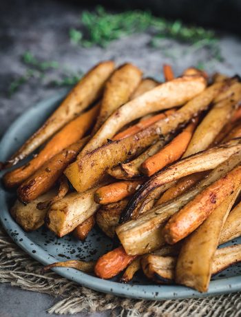 Plate of honey roasted parsnips and carrots