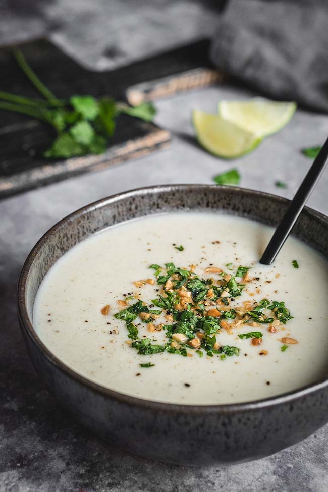Thai cauliflower soup made with coconut milk and green curry
