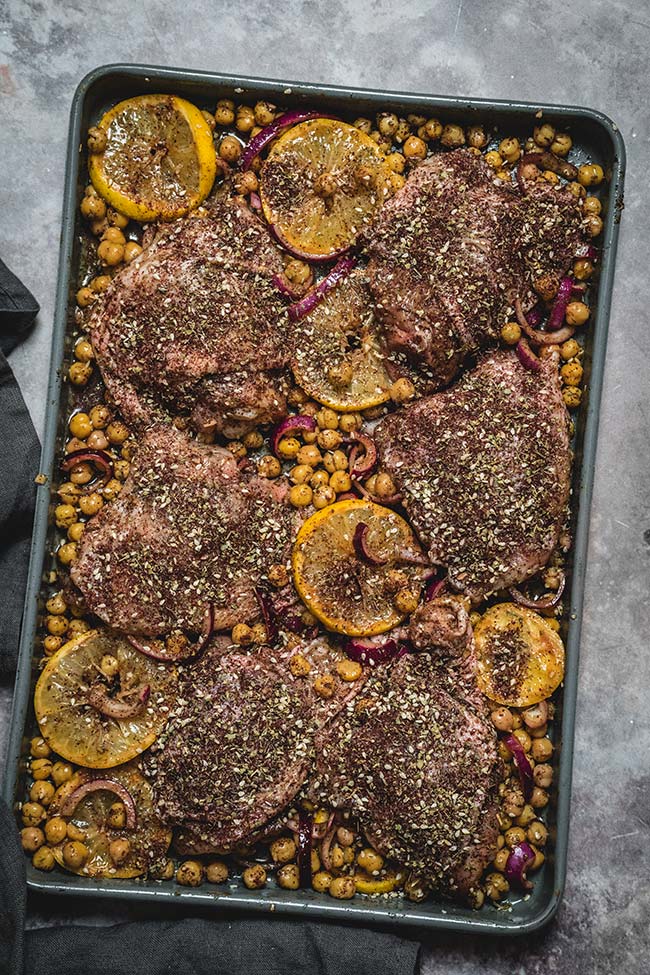 Za'atar spiced chicken thighs and chickpeas on a sheet pan