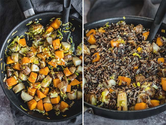 Frying vegetables in a pan and adding cooked wild rice