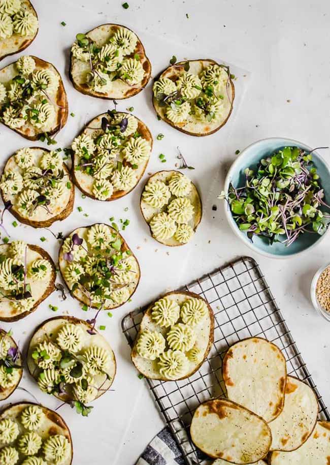 Baked Potato Rounds with Edamame Hummus + Microgreens