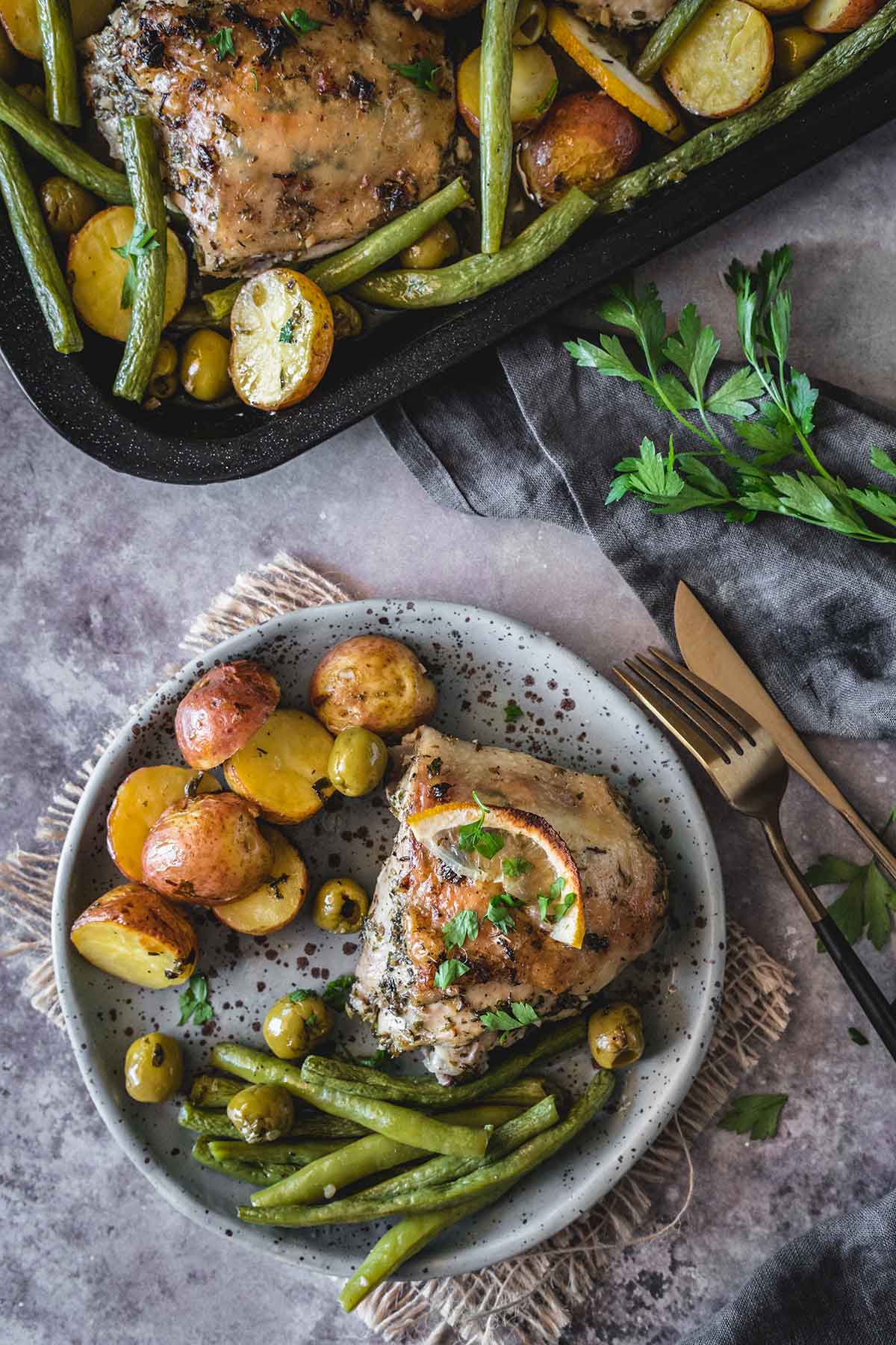 Chicken, green beans, and potatoes served on the plate