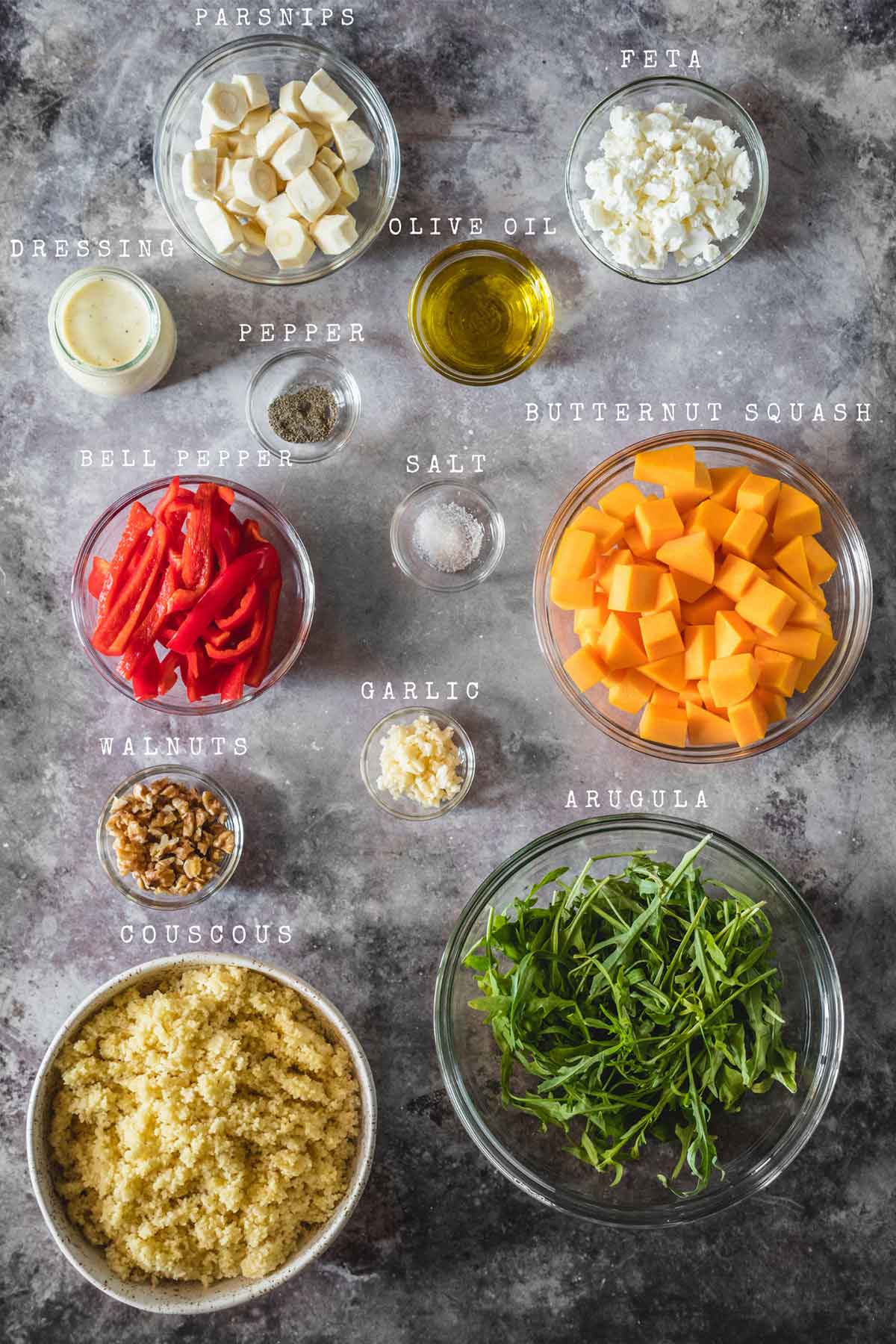 Ingredients of butternut squash arugula salad