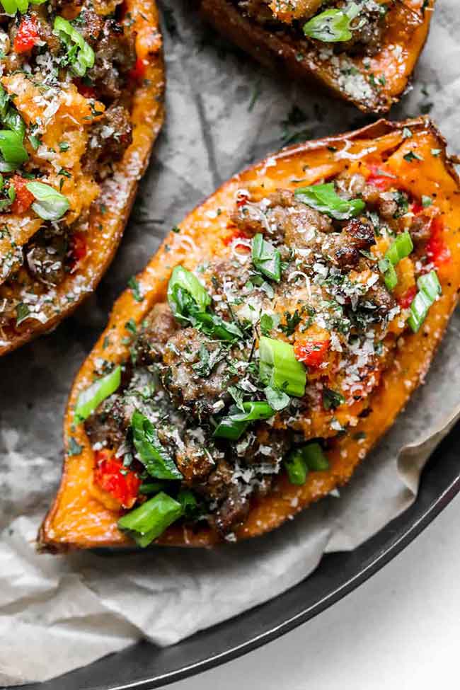 Sausage and Pepper Twice Baked Sweet Potatoes