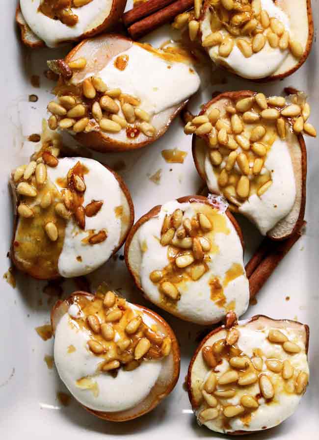Roasted Pears with Whipped Goat Cheese & Pine Nut Brittle