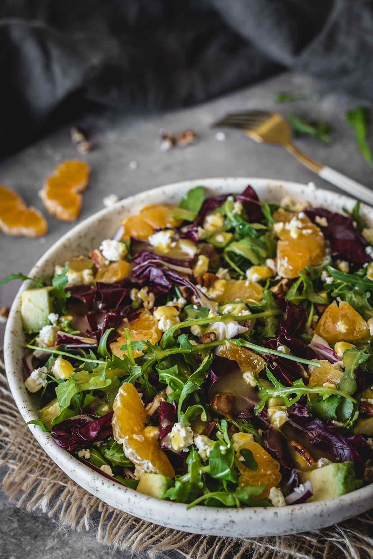 Clementine salad with feta in a bowl