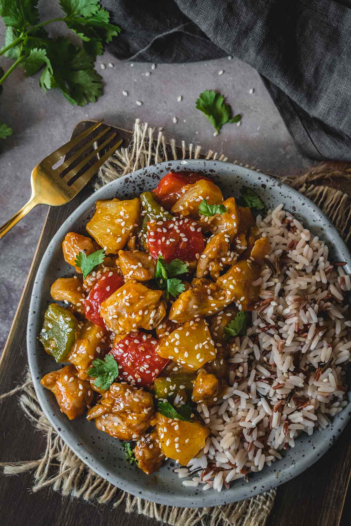 Chinese chicken with pineapple and sesame seeds