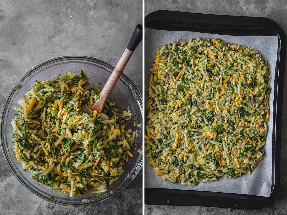 Pizza crust with kale and kohlrabi on the baking sheet