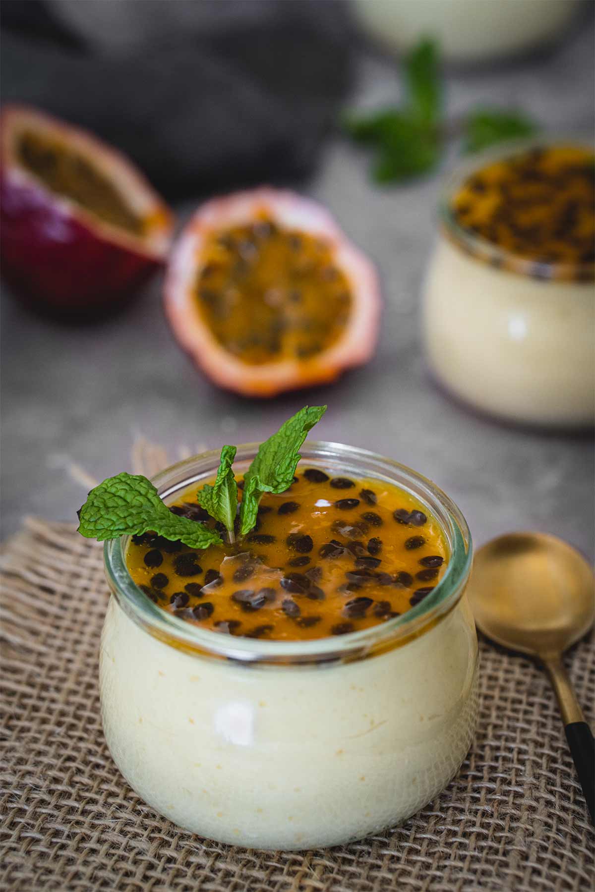Gentle mango mousse with seeded passion fruit topping