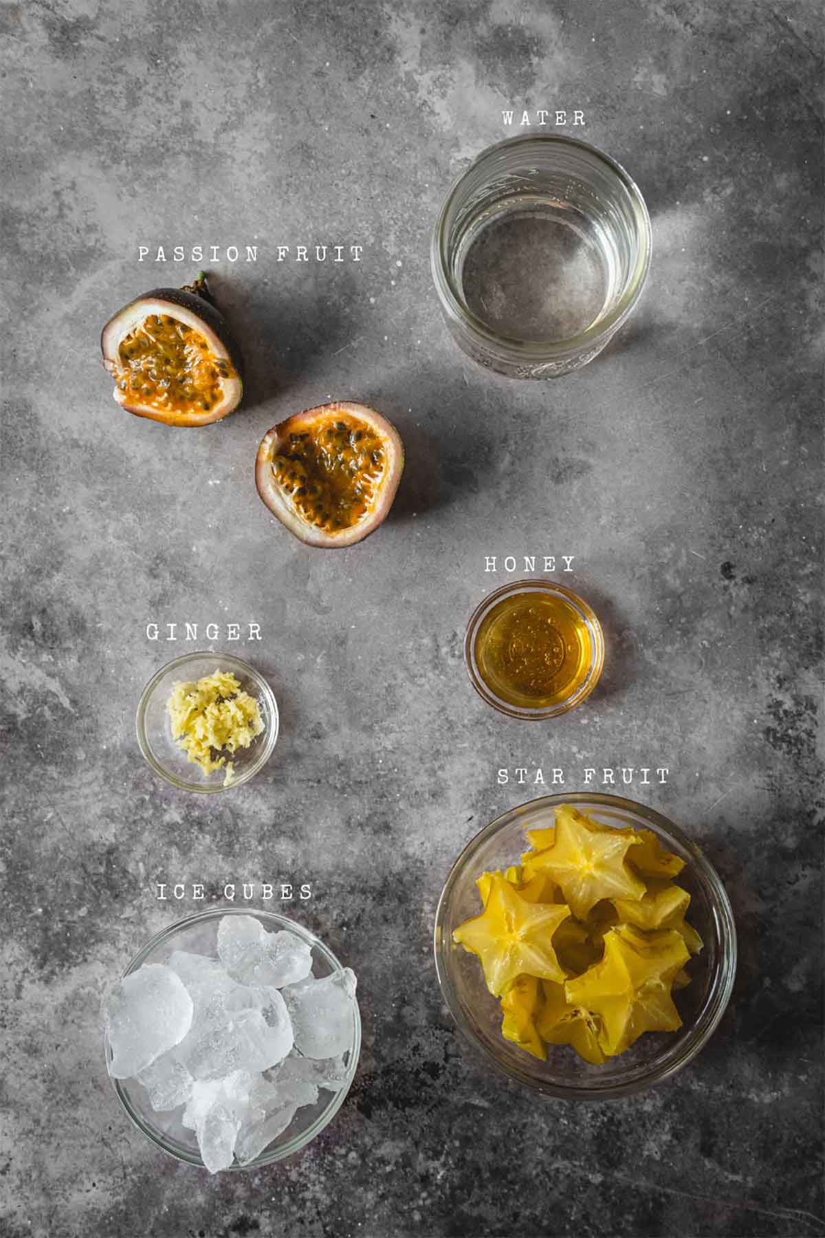 Ingredients for star fruit and passion fruit juice