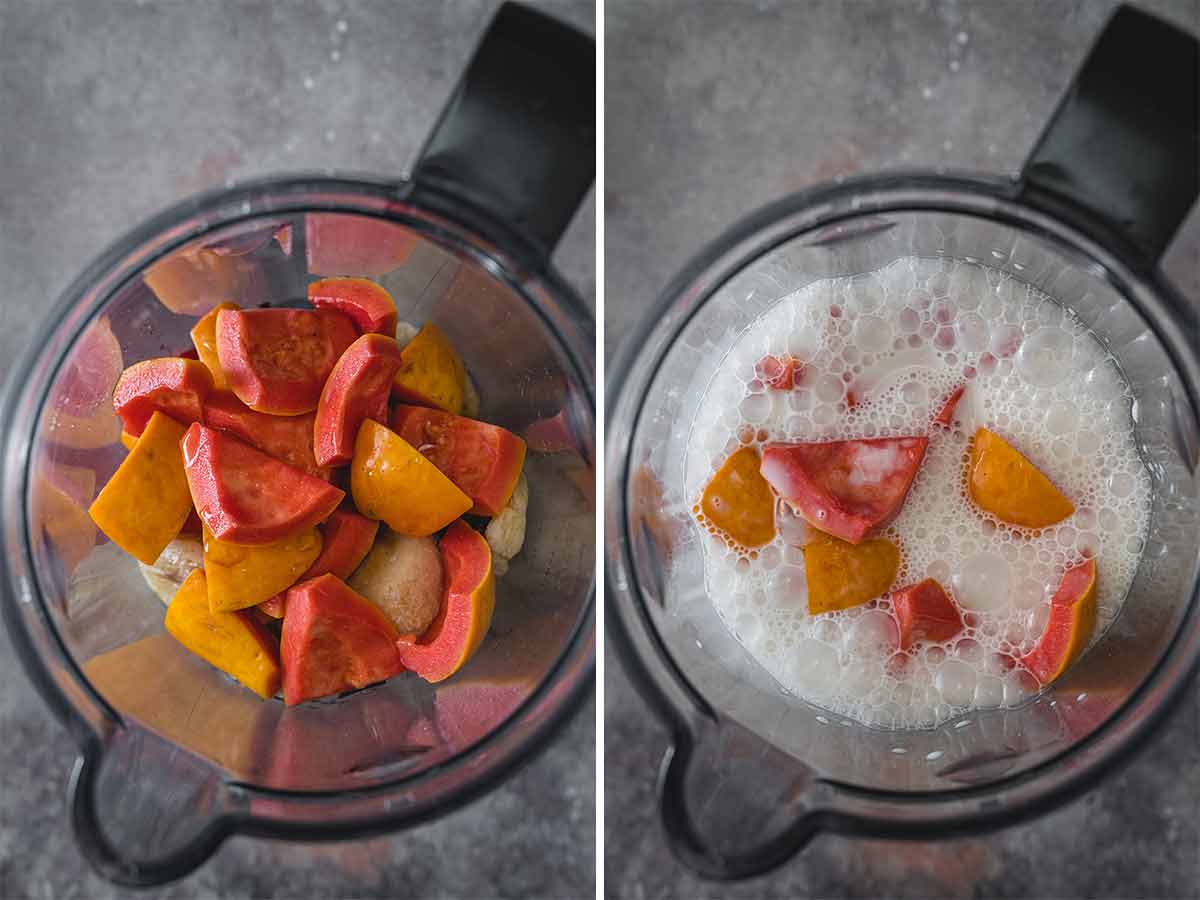 The process of making tropical fruit smoothie with guava, strawberries, and banana