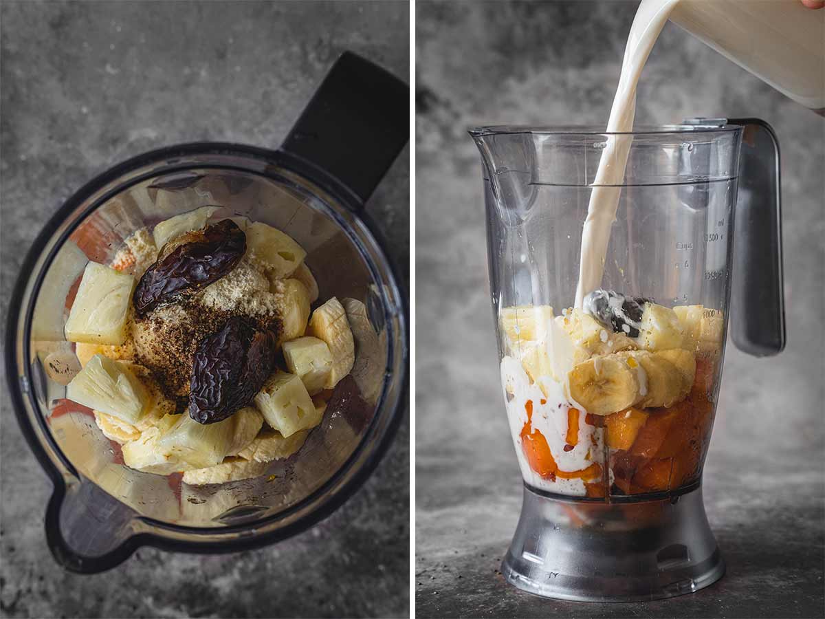The process of making pineapple papaya smoothie in a blender