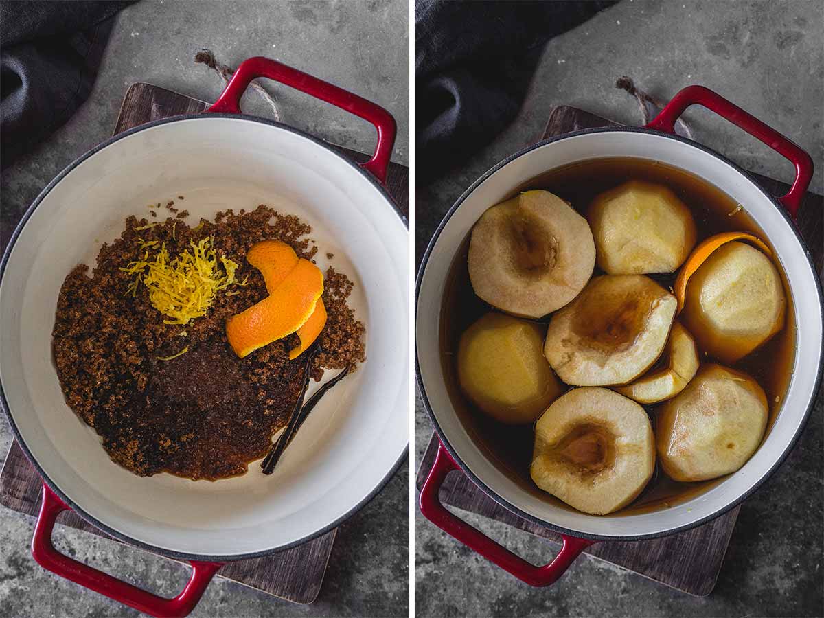 The process of poaching quince in a pot