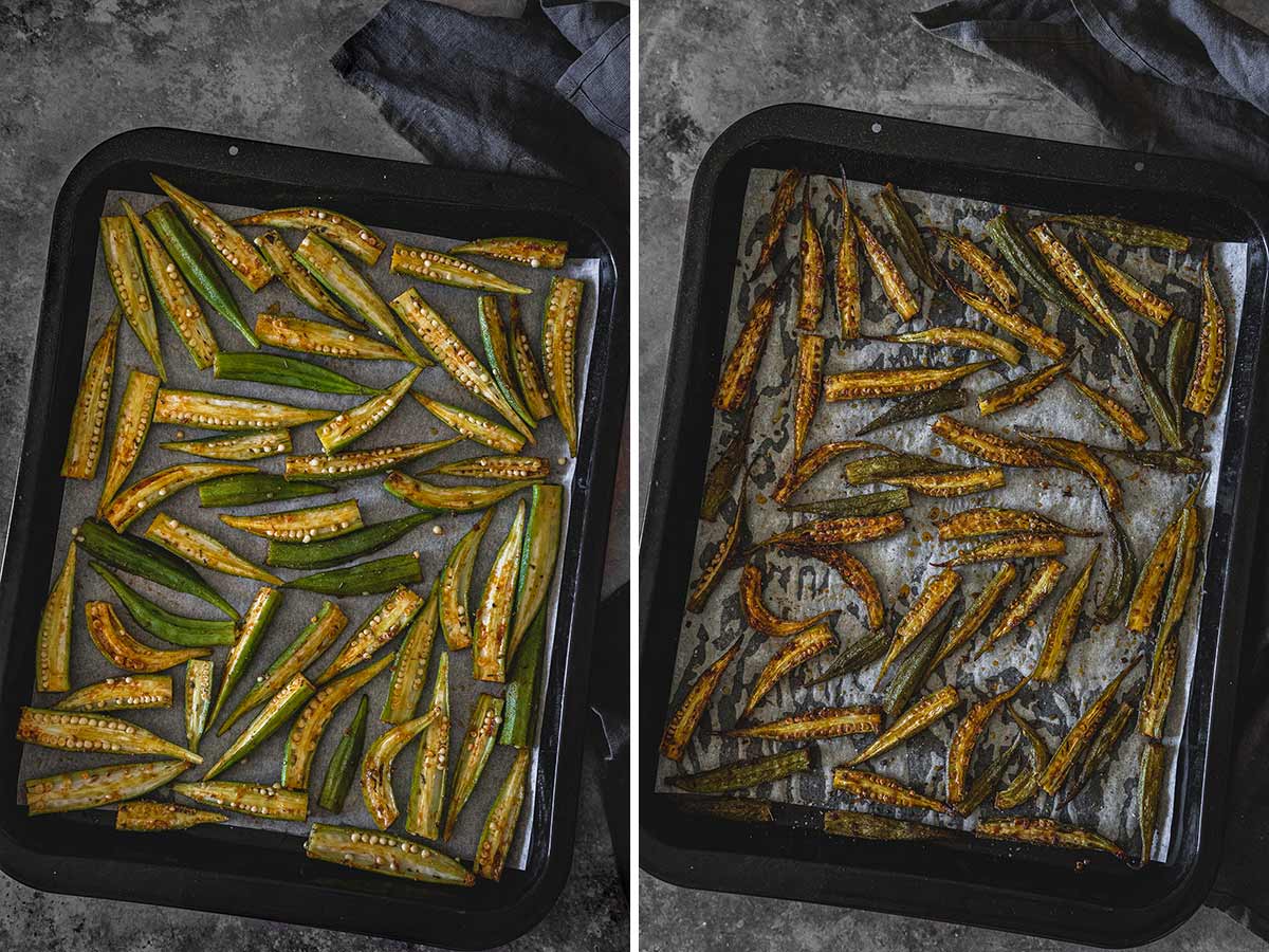 Crispy baked okra with spices on a baking sheet
