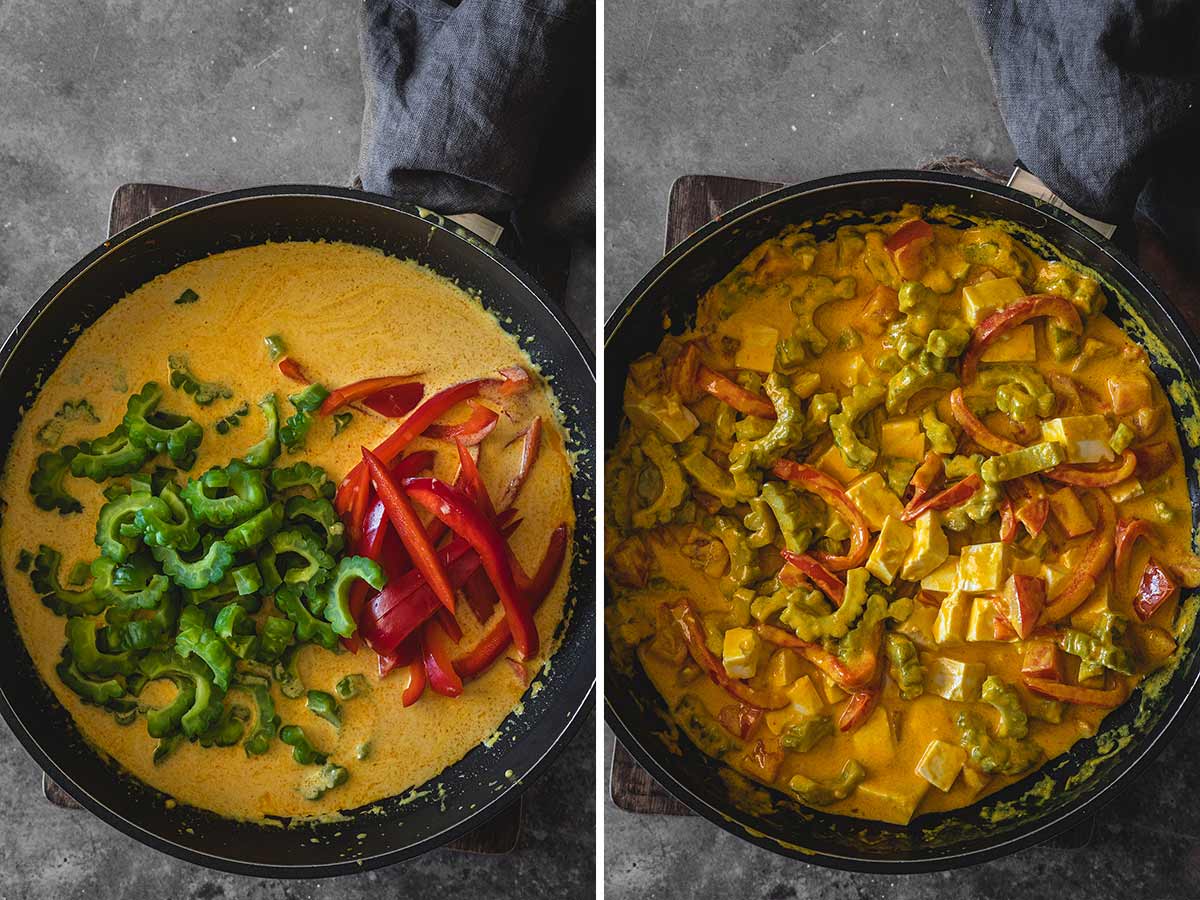 The process of making bitter gourd curry with tofu and bell pepper