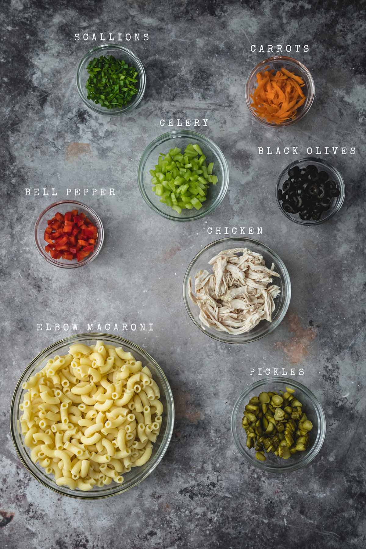 Ingredients of chicken macaroni salad

